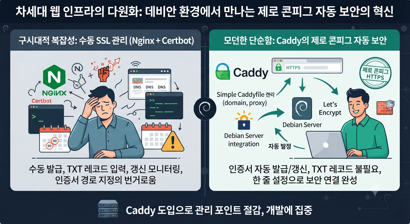 차세대 웹 인프라의 다원화: 데비안 환경에서 만나는 제로 콘피그 자동 보안의 혁신 대표 이미지