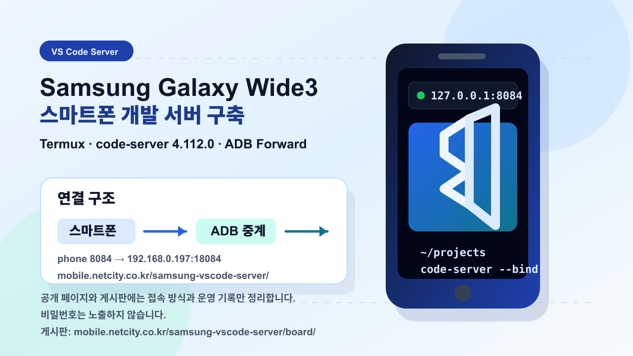 [인터넷/보안] Samsung Galaxy Wide3에 VS Code 서버 구축, 스마트폰이 개발 작업대로 확장 대표 이미지