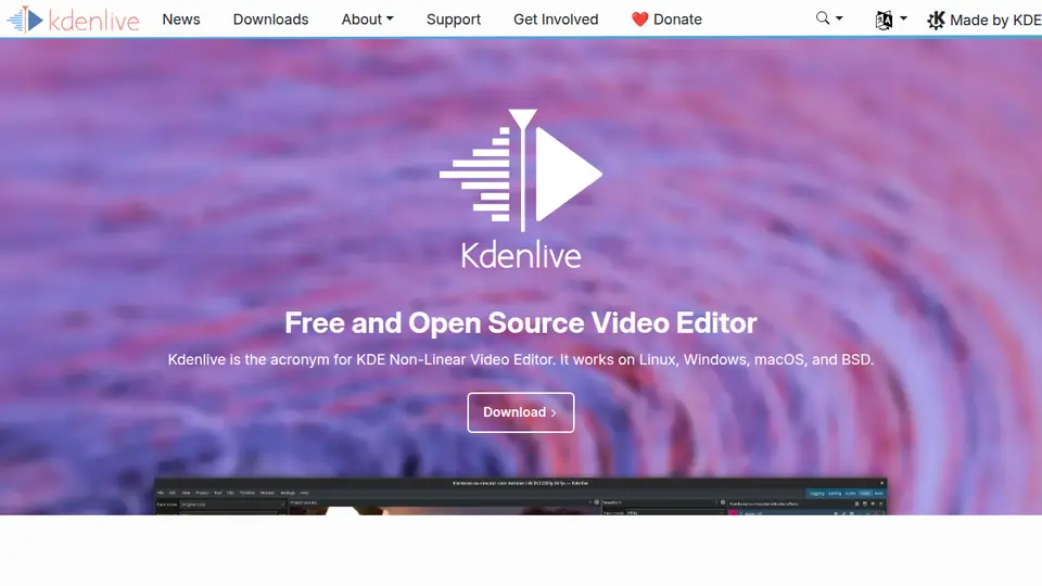 Kdenlive 공식 사이트 화면 캡처